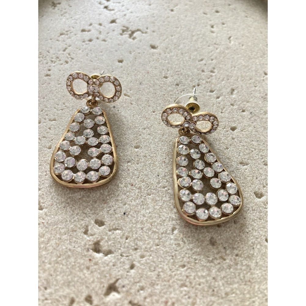 Gold Tone Bow Rhinestone Drop Earrings Romantic Dangle Statement‎ Glam Couture